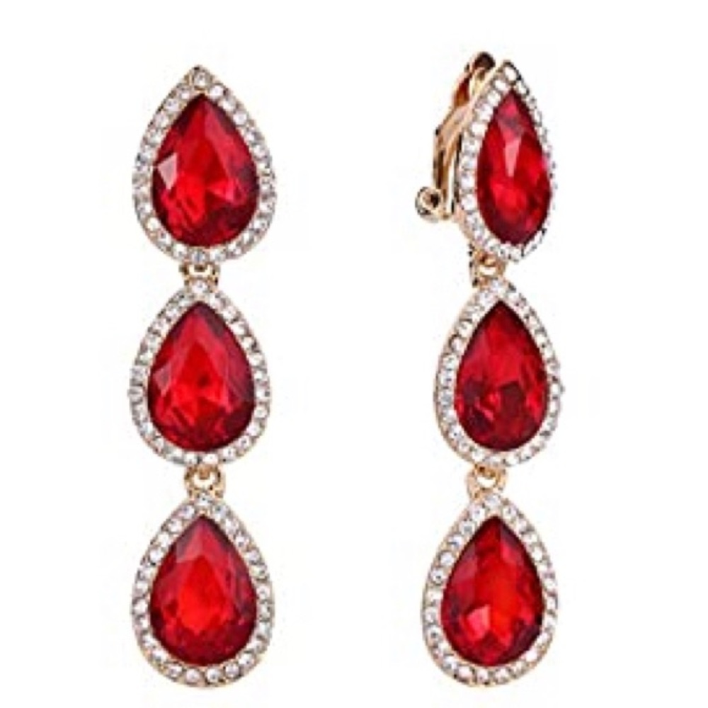 2.4” Red & Rhinestone Pear Shape Drop CLIP ON Earrings